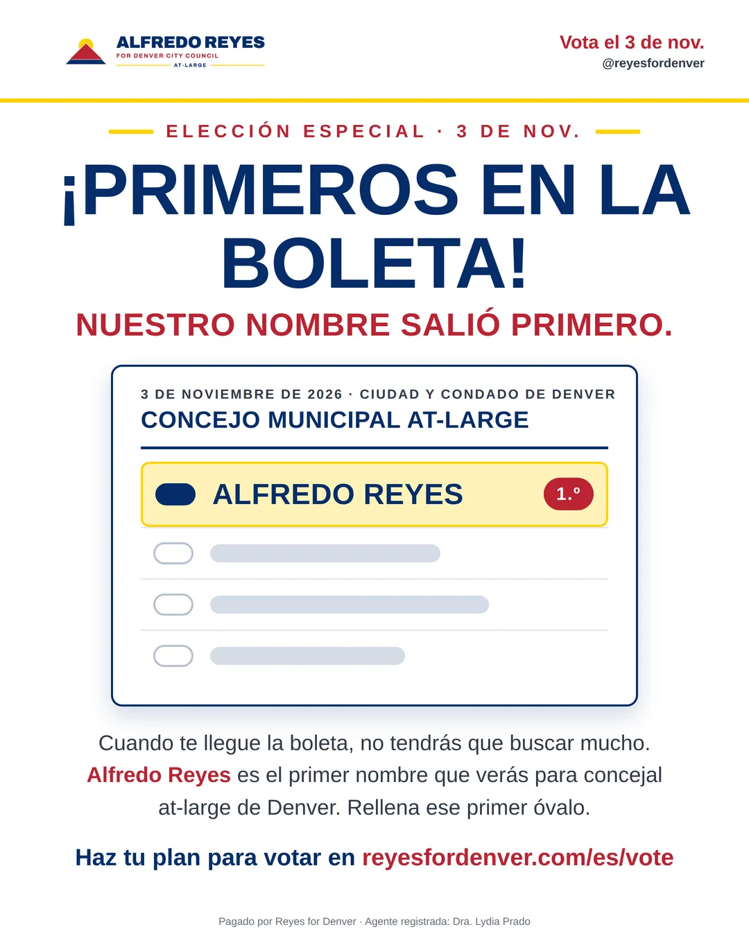 Una boleta de muestra para concejal at-large de Denver con Alfredo Reyes en primer lugar