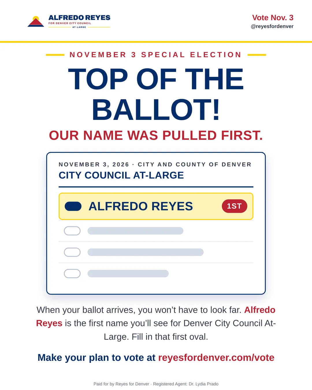 A sample ballot for Denver City Council At-Large with Alfredo Reyes listed first